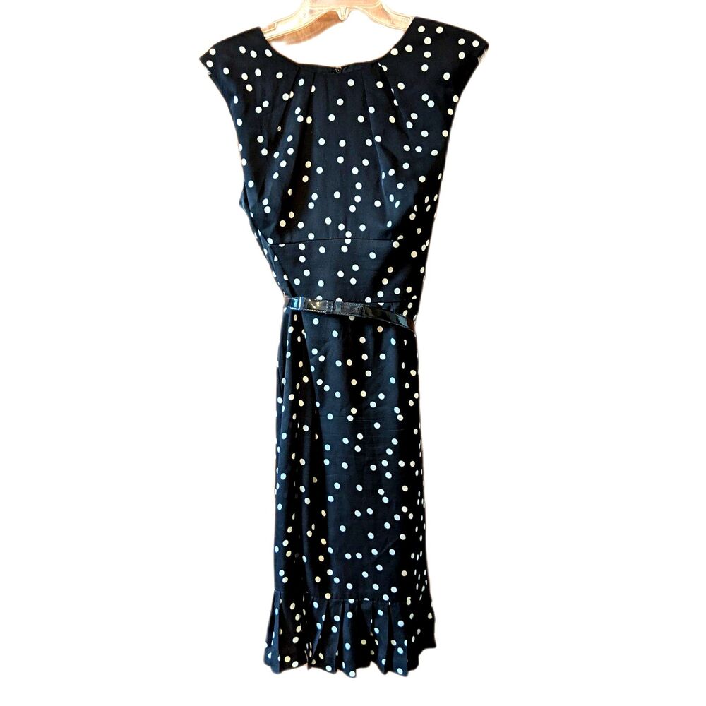 White House Black Market Silk Polka Dot Dress Belt Flounce Hem Sz 12 Coquette